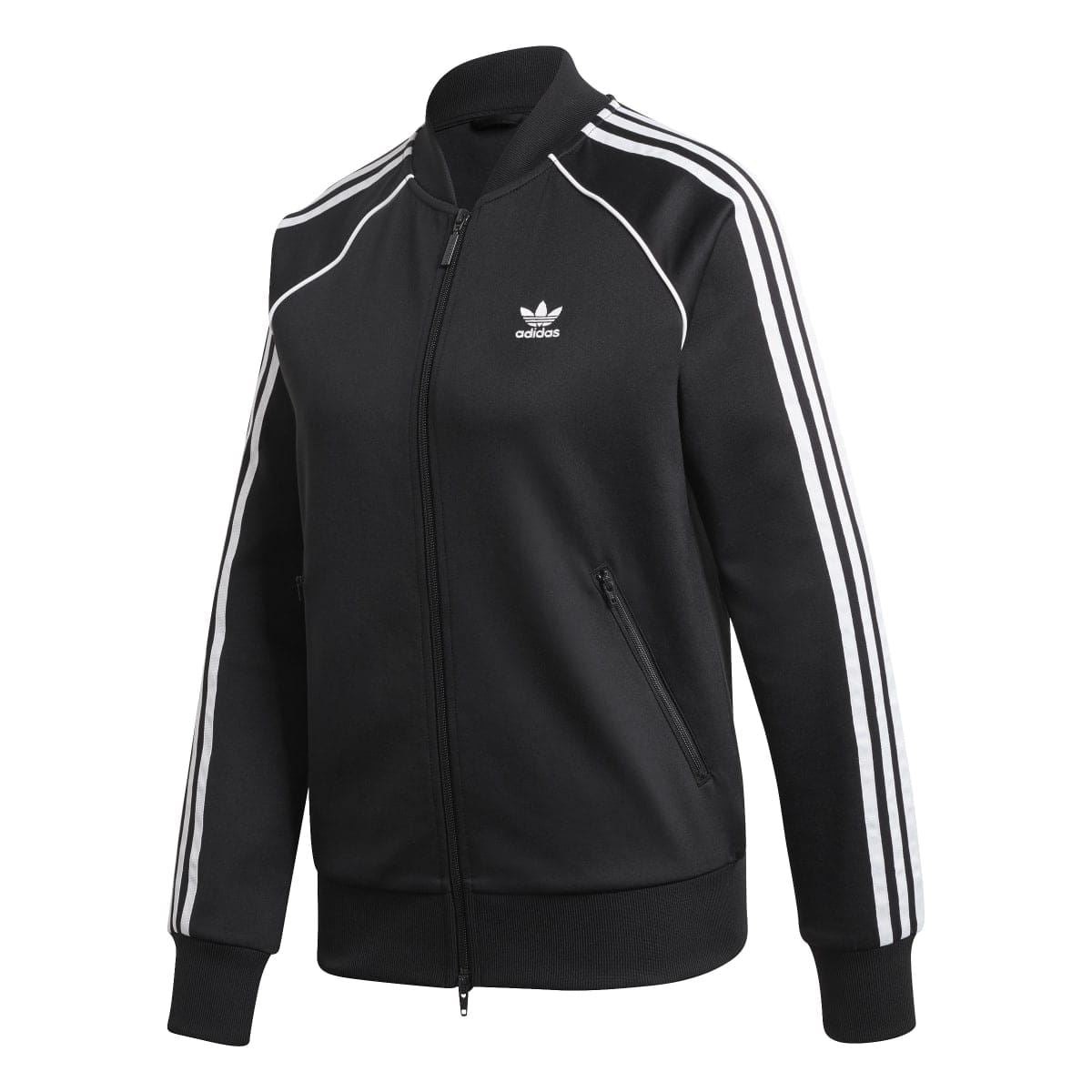 Black adidas track top, full-zip front with adidas logo and white triple sleeve stripes