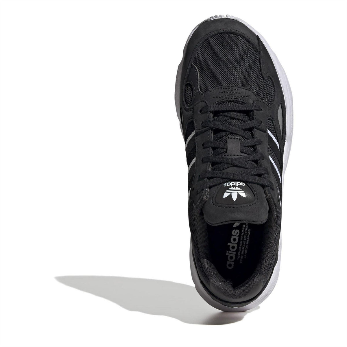 Black low-top lace-up sneaker with adidas logo on tongue and side stripes