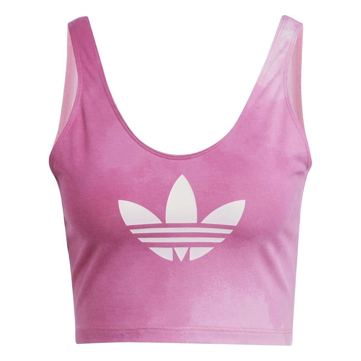 Pink sleeveless bralette with scoop neck and large white adidas Trefoil logo