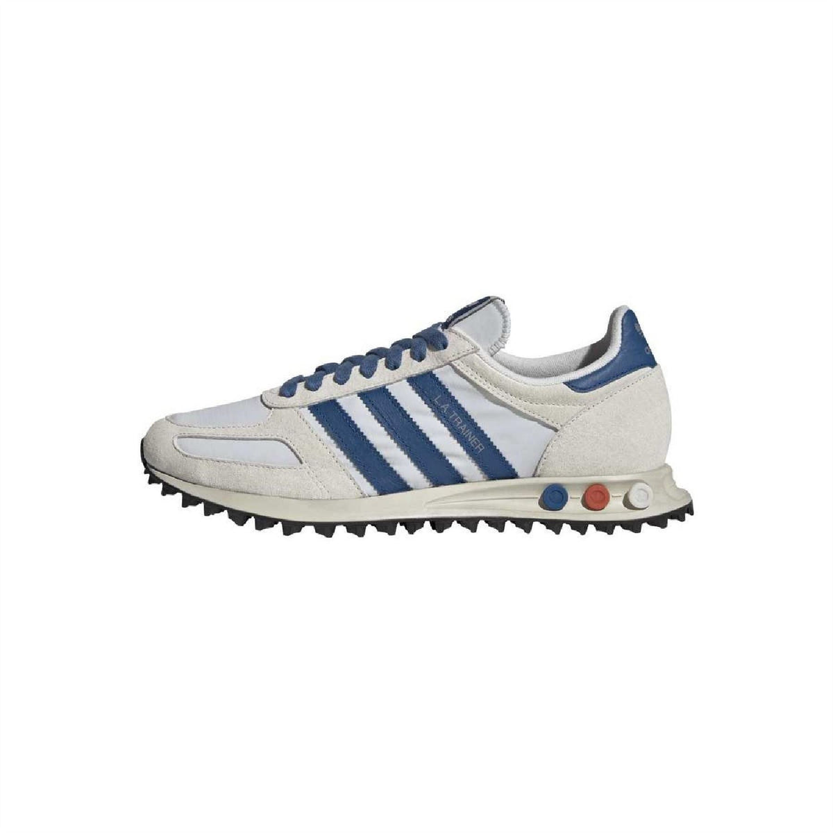 adidas Originals off-white suede sneakers with blue triple stripes and lace-up front