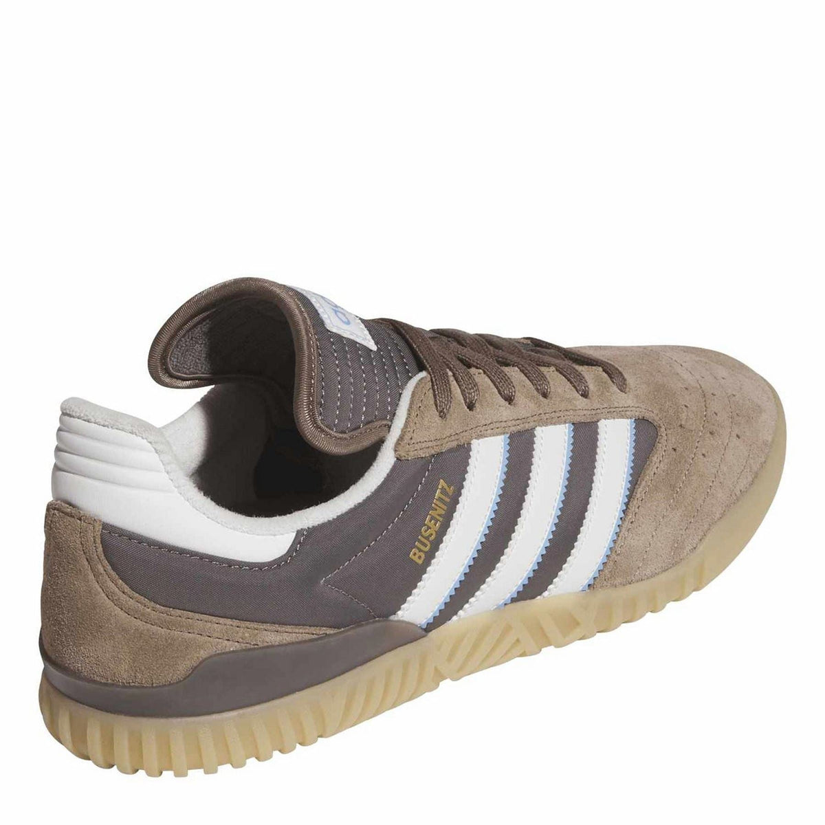 adidas Originals low-top skate shoe, heel and side view with white stripes and gum sole