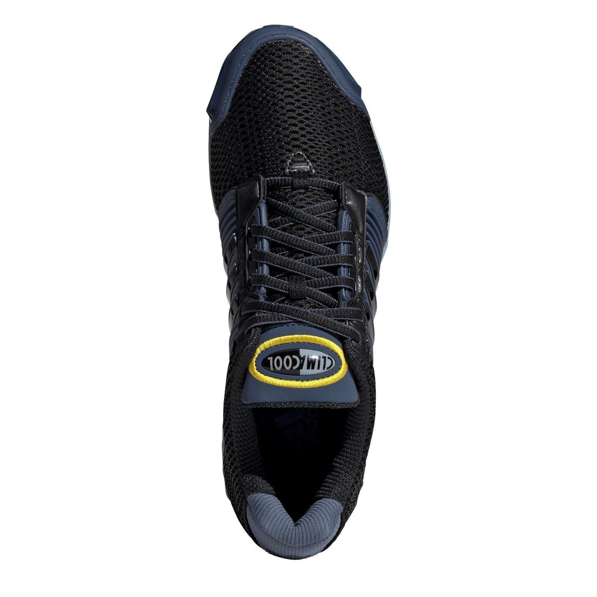 Front view lace-up sneaker in black mesh with blue interior and yellow oval logo badge