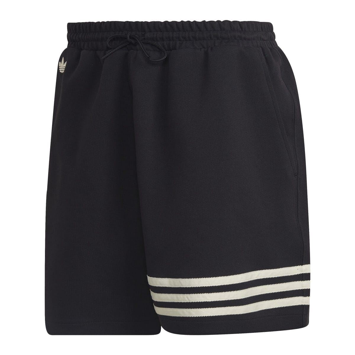 Black shorts with elastic waistband and drawstring, featuring a three-stripe hem band