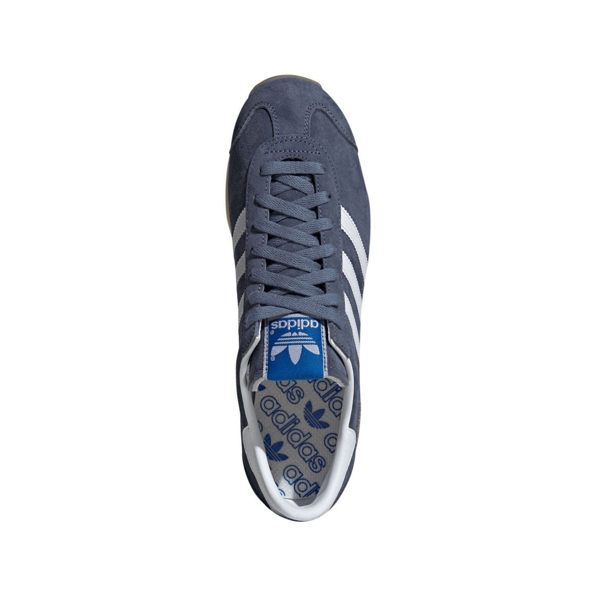 Navy trainers heel view with cushioned sockliner and adidas-patterned insole