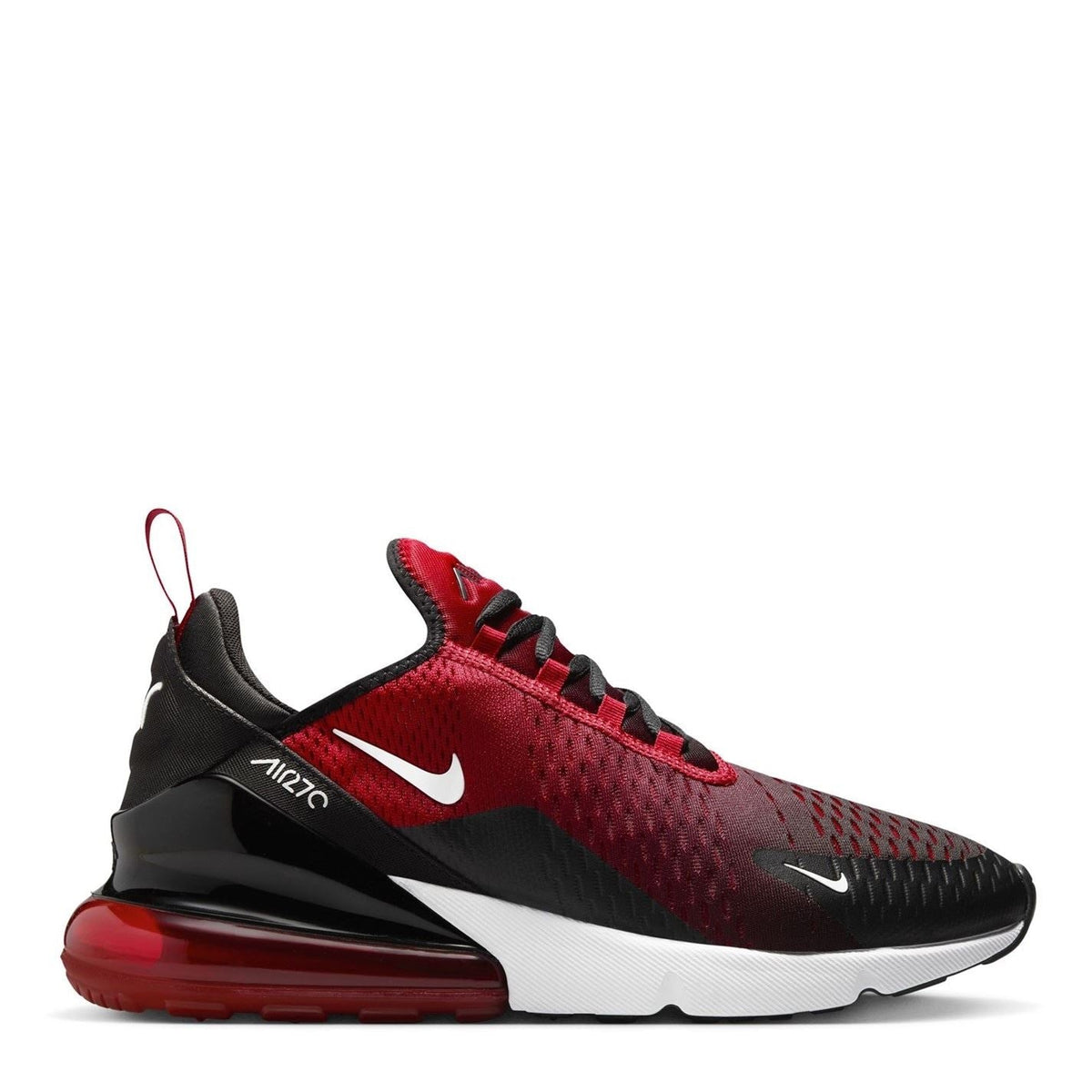 Nike Air Max 270 trainer with black and deep red upper, red Air unit, white sole