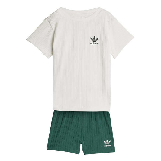 Infants ribbed t-shirt and shorts set, white tee with adidas logo, green shorts