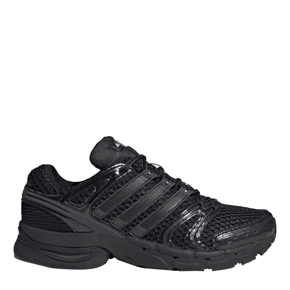 Black lace-up sneaker with three striped overlays and textured toe