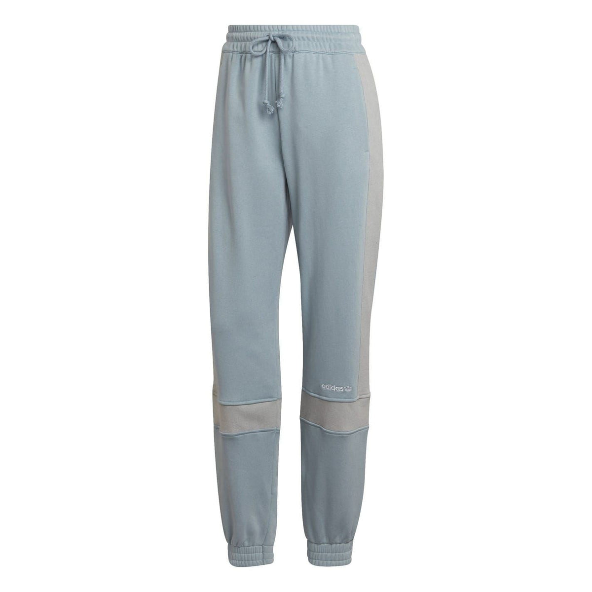 Light grey cuffed jogger pants with elastic drawstring waistband and tapered ankle cuffs