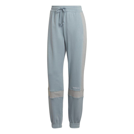 Light grey cuffed jogger pants with elastic drawstring waistband and tapered ankle cuffs