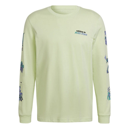 Light green long-sleeve graphic crewneck T-shirt with Adidas logo and sleeve prints