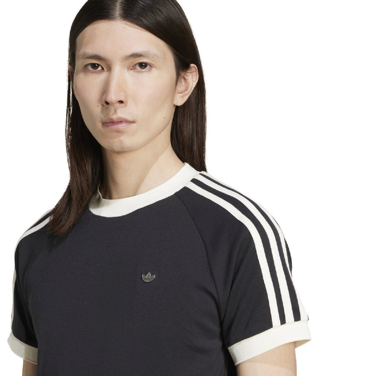 Black adidas Originals T-shirt with white trefoil logo and raglan sleeve three-stripe accents
