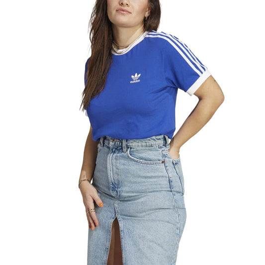 Blue adidas Originals t-shirt with white ribbed crew neck and 3-stripe sleeves