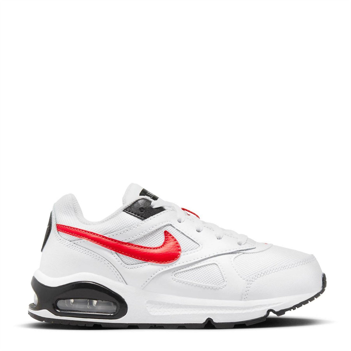 White trainers with red Swoosh, lace-up, and air-cushion sole window