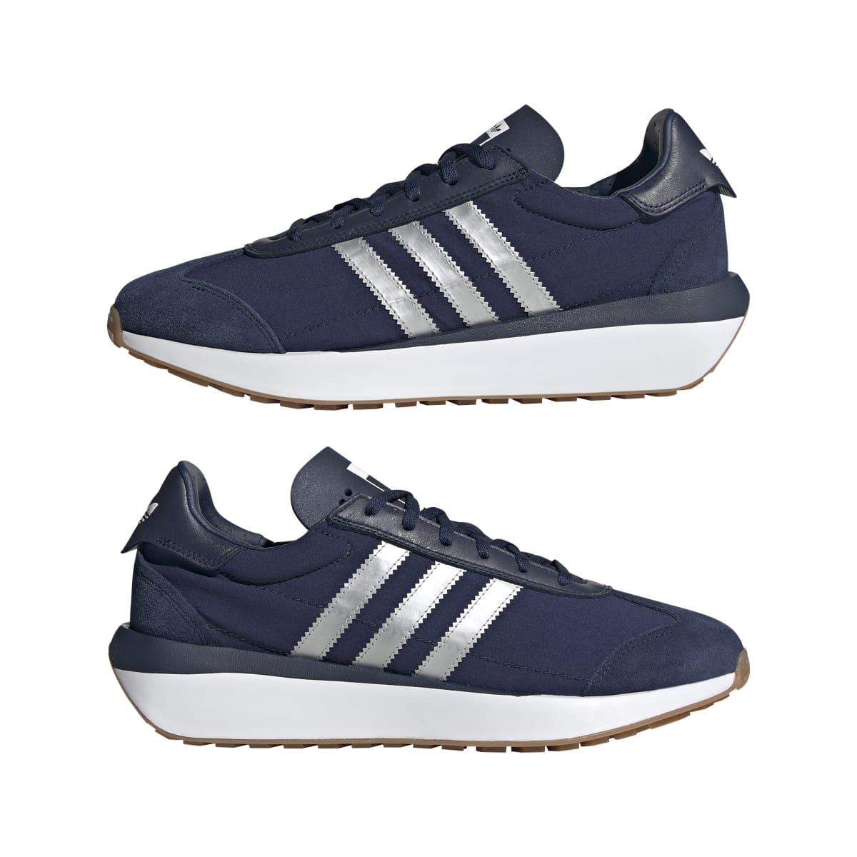 adidas Originals Courty XLG low-top trainers, navy upper, white triple stripes, two views