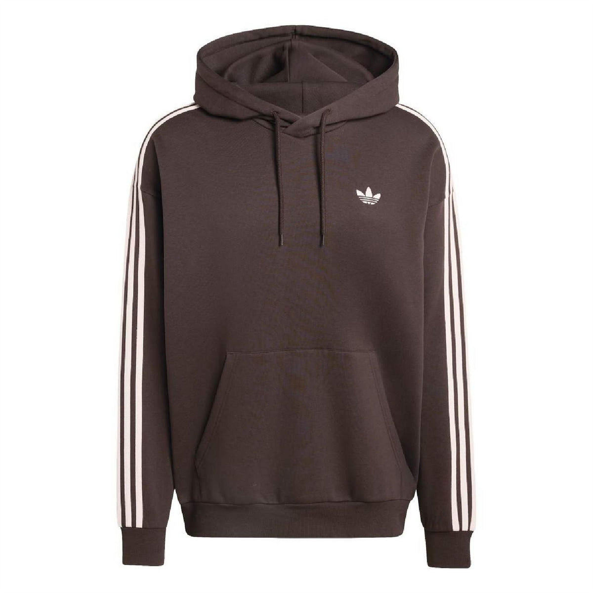 Dark brown adidas Originals hoodie with drawstring hood and white 3-stripe sleeves