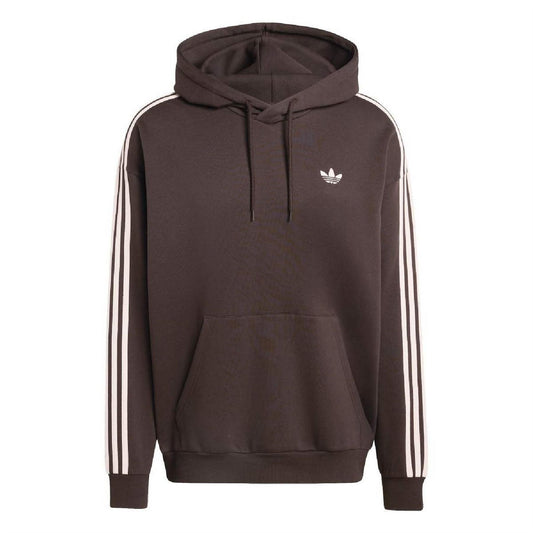 Dark brown adidas Originals hoodie with drawstring hood and white 3-stripe sleeves