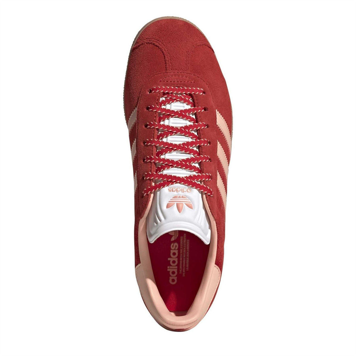Red Gazelle trainers top view with white laces and adidas trefoil on tongue
