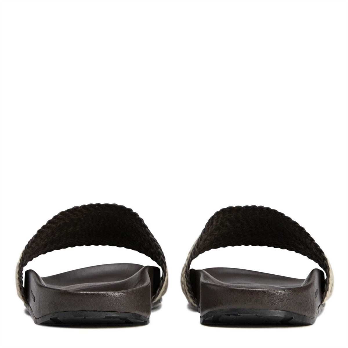 Back view of dark brown adidas adilette slides with braided top strap