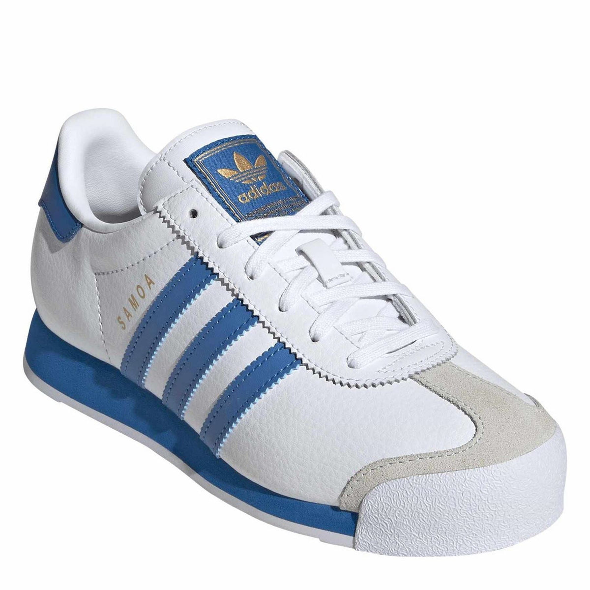 Juniors white and blue low-top canvas sneakers with adidas logo on the tongue