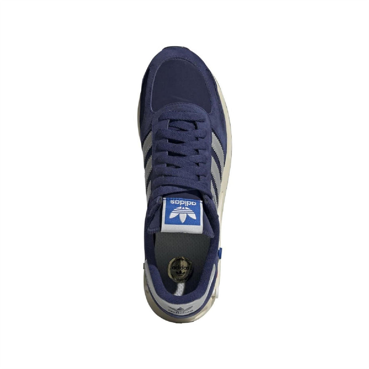 Dark blue adidas lace-up shoe with mesh tongue label and padded collar