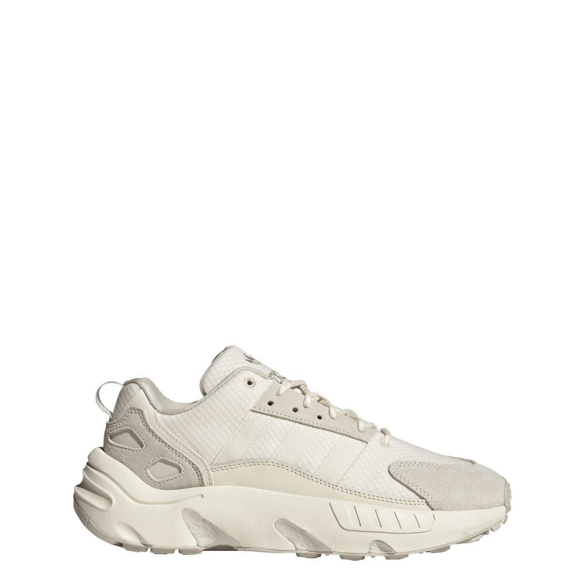 Cream adidas ZX 22 Boost trainers in side view, textured overlays and thick midsole