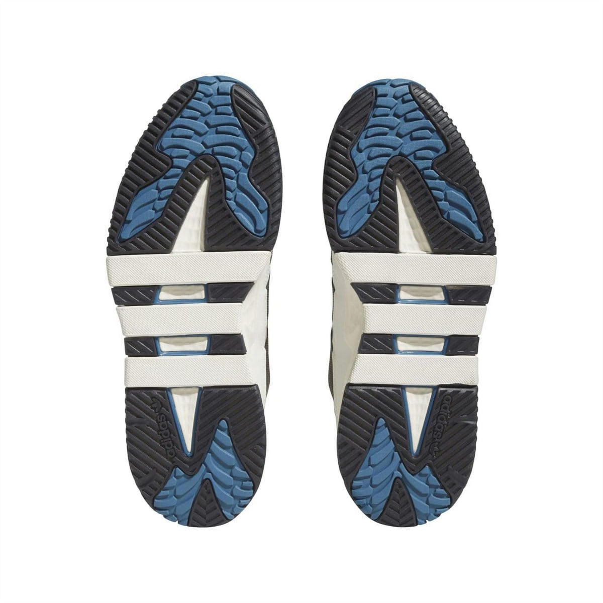 adidas Originals trainers outsole view with blue tread and white midsole stripes