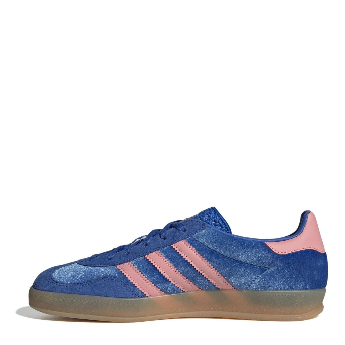 Blue adidas Gazelle low-top sneakers with pink triple stripes, lace-up, gum sole