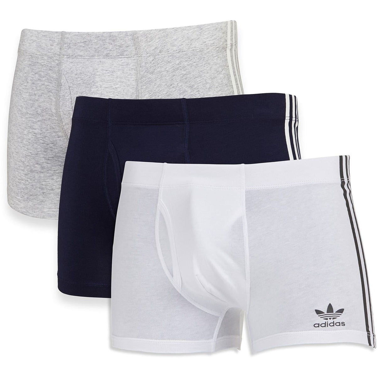 Set of three adidas Originals men's trunk underwear in black, with elastic waistband and classic logo design.