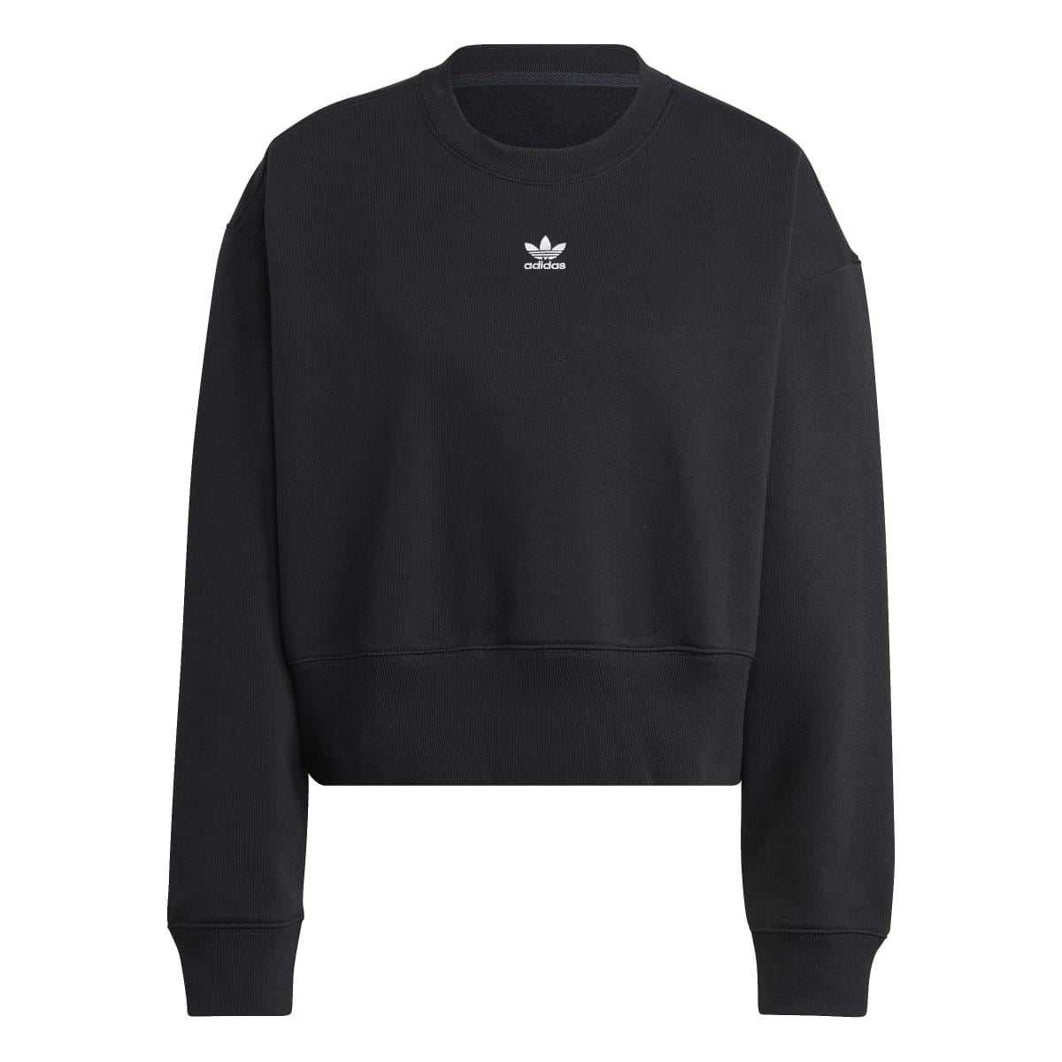 Black crewneck sweatshirt with small adidas Trefoil logo on chest