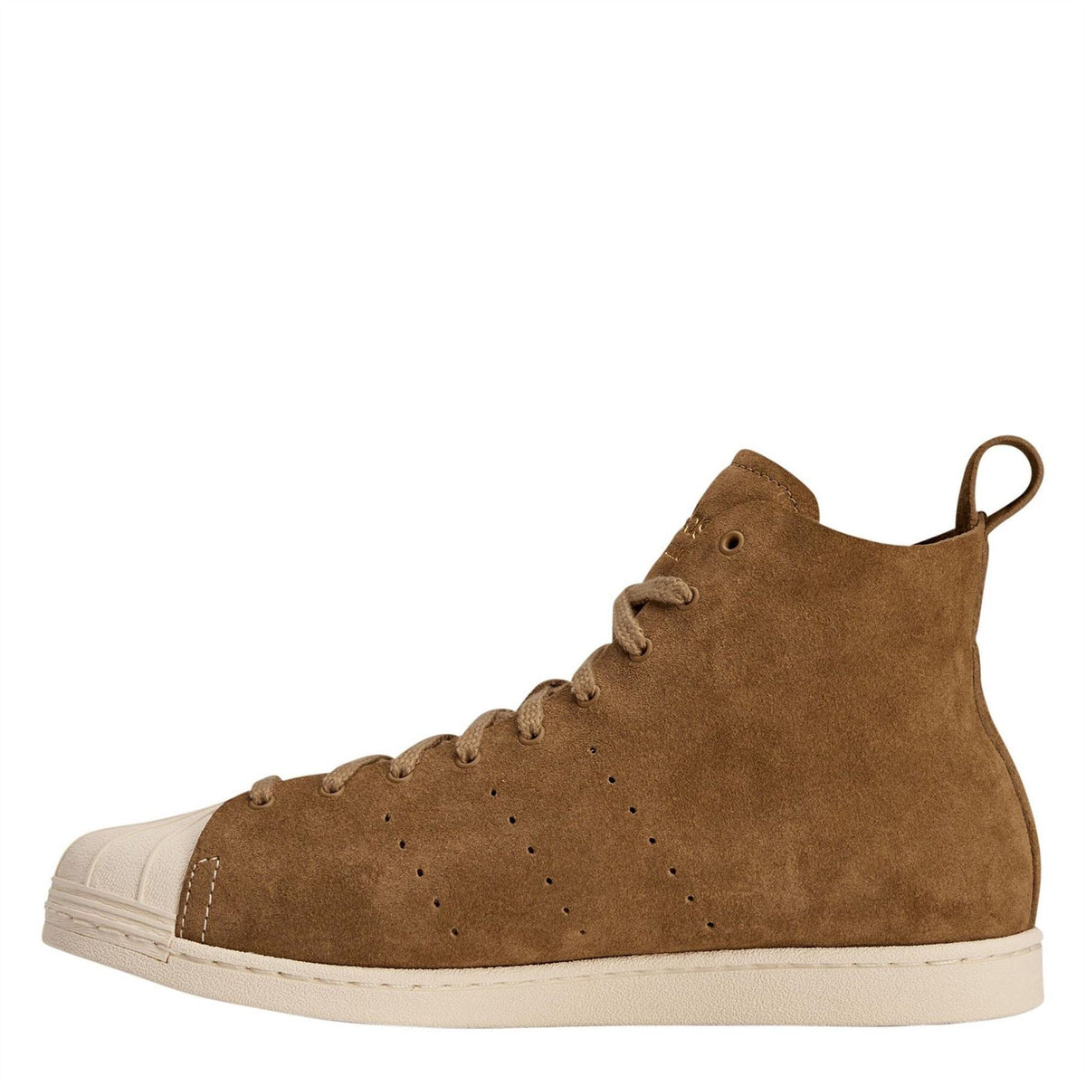 Brown suede high-top sneaker with lace-up, perforated toe and cream rubber sole