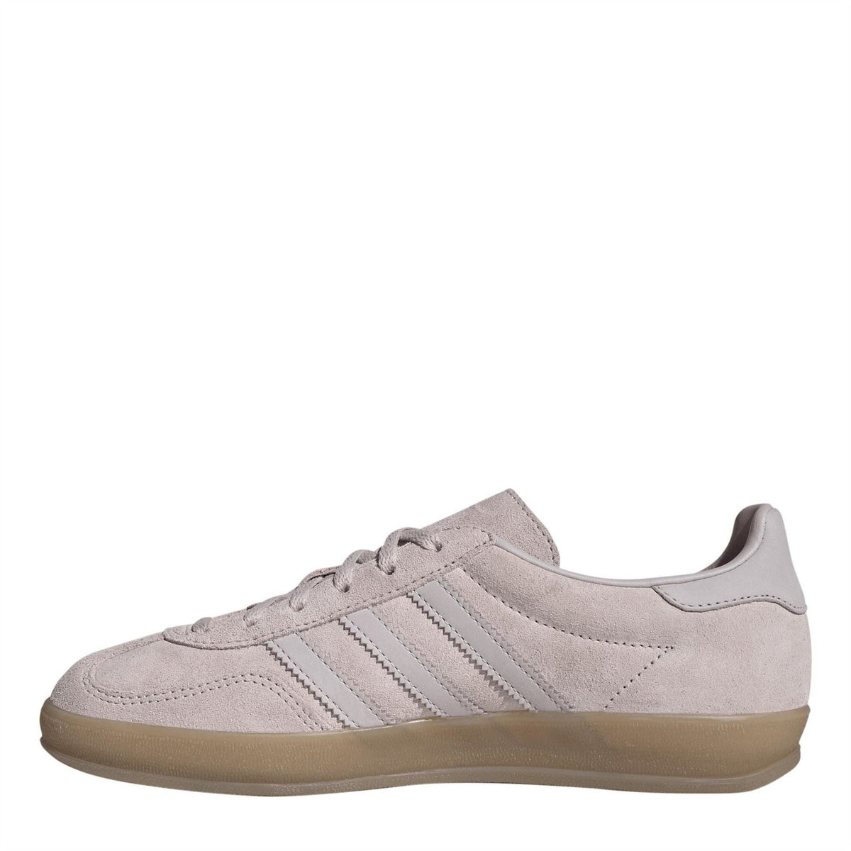 adidas Originals low-top Gazelle trainers, pale gray suede with white triple stripes and gum sole