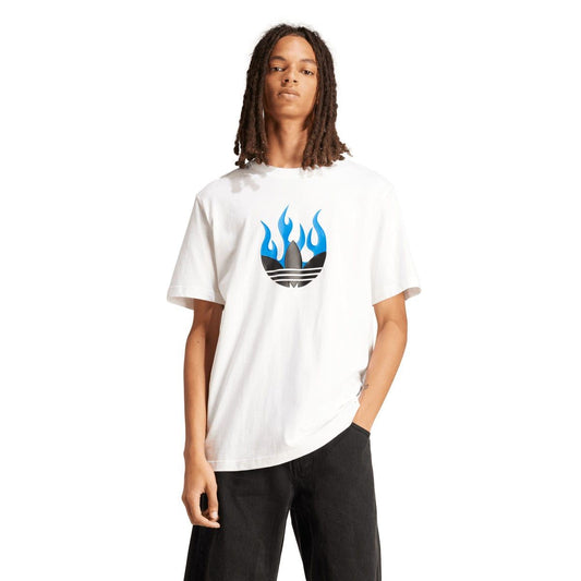 White crewneck T-shirt with blue flame graphic and adidas trefoil logo on chest