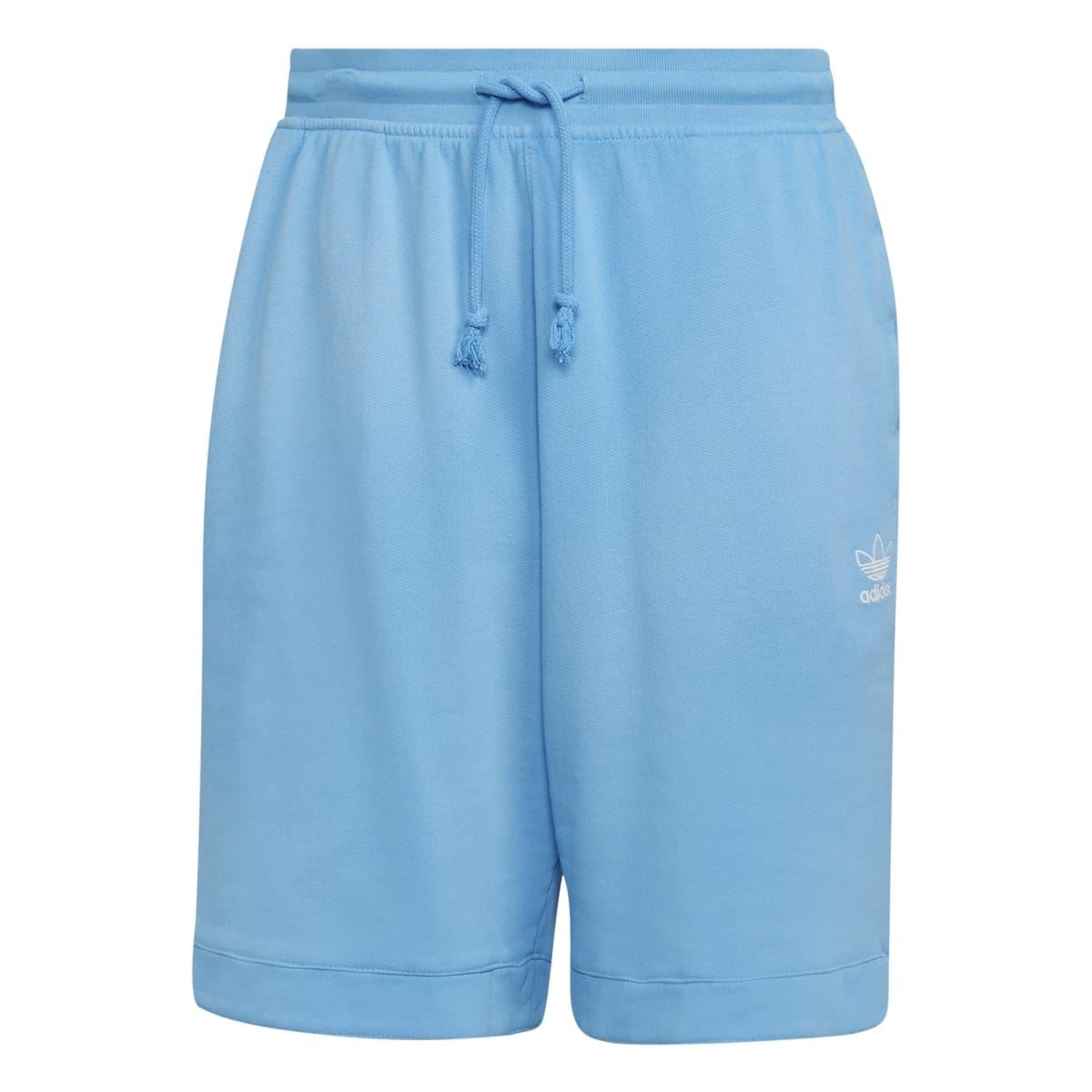 Light blue drawstring shorts with elastic waistband and small adidas logo on hem