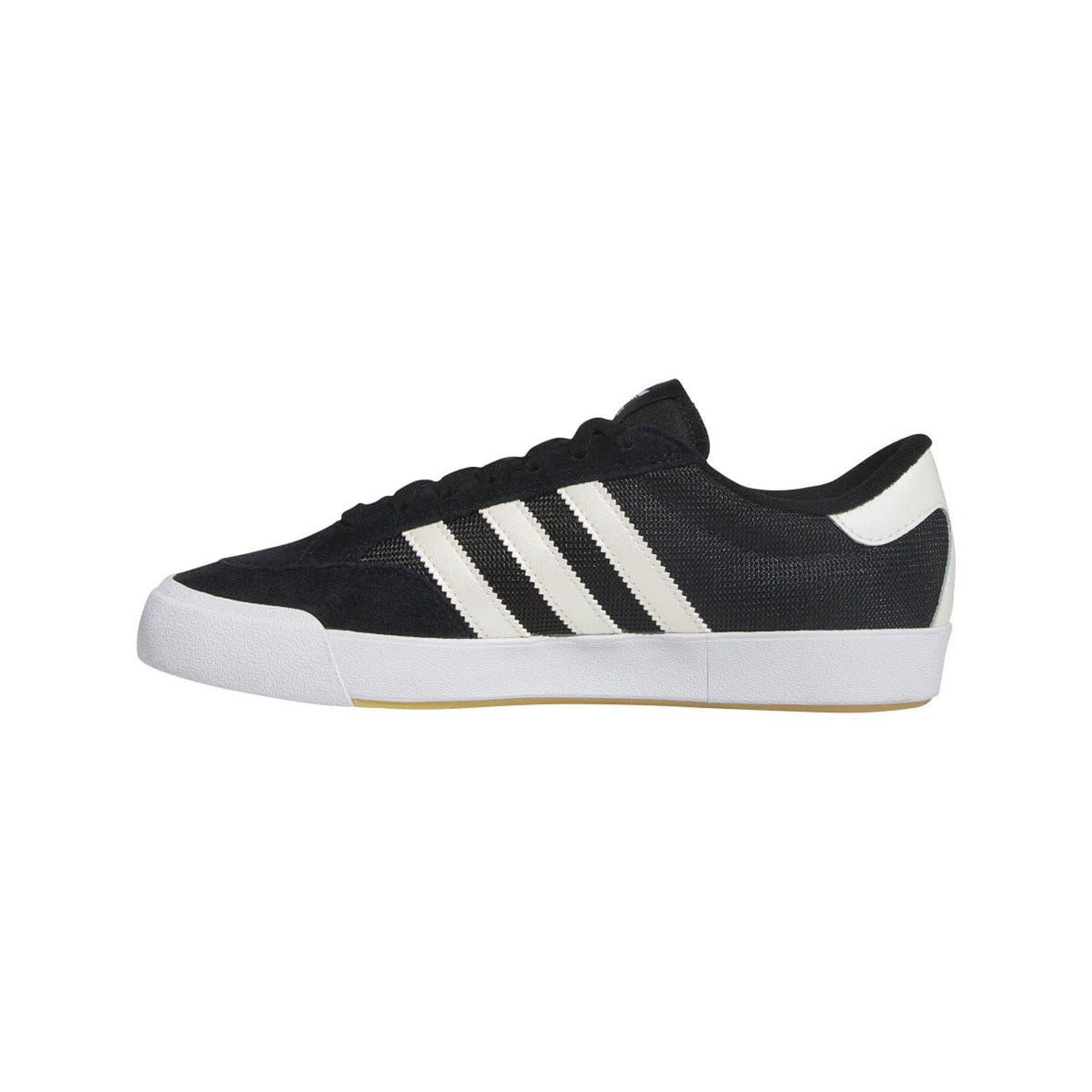 Black low-top trainers with three white side stripes and white rubber sole