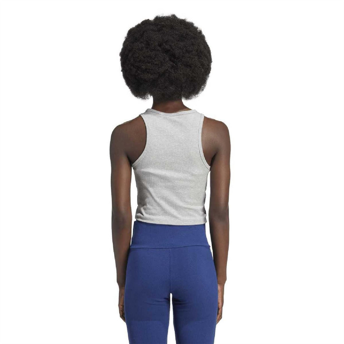 Medium grey slim-fit sleeveless tank with ribbed crew neck, back view