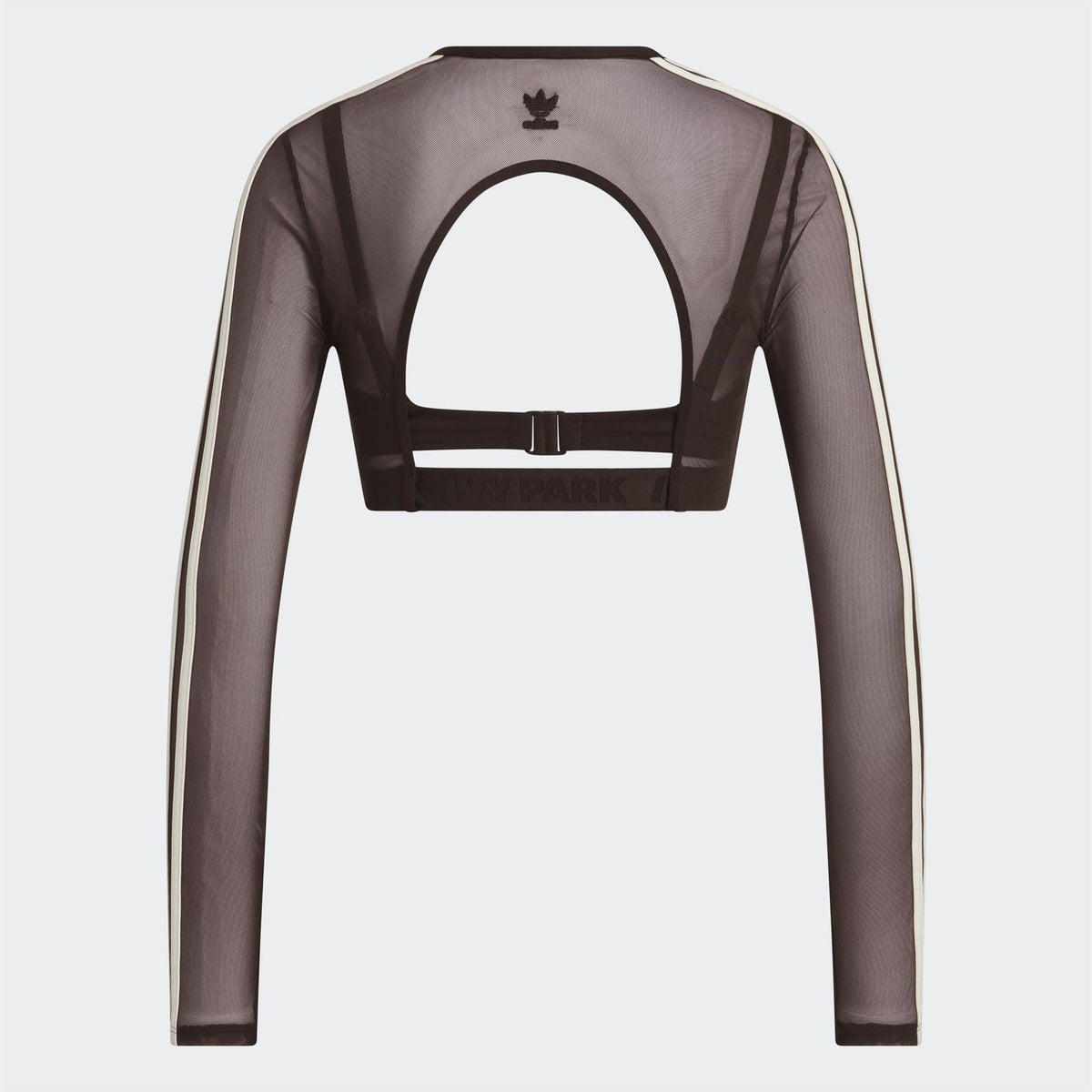 Brown sheer mesh long-sleeve swim top with cutout back and illusion bust panel