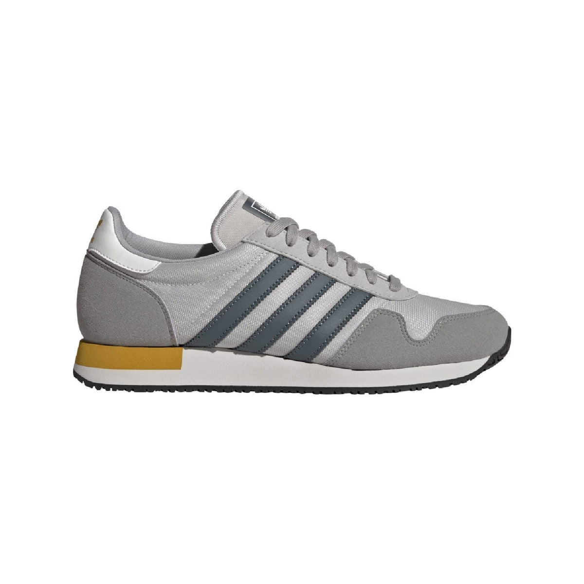 adidas USA 84 trainers in light grey with blue stripes and yellow outsole