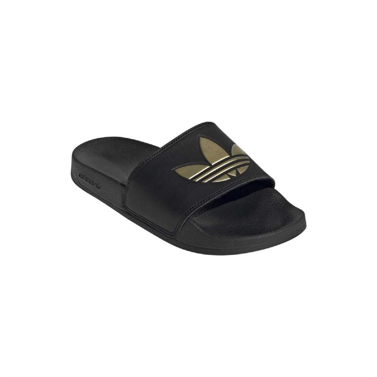 Black slide sandals angled top view with gold logo on front strap