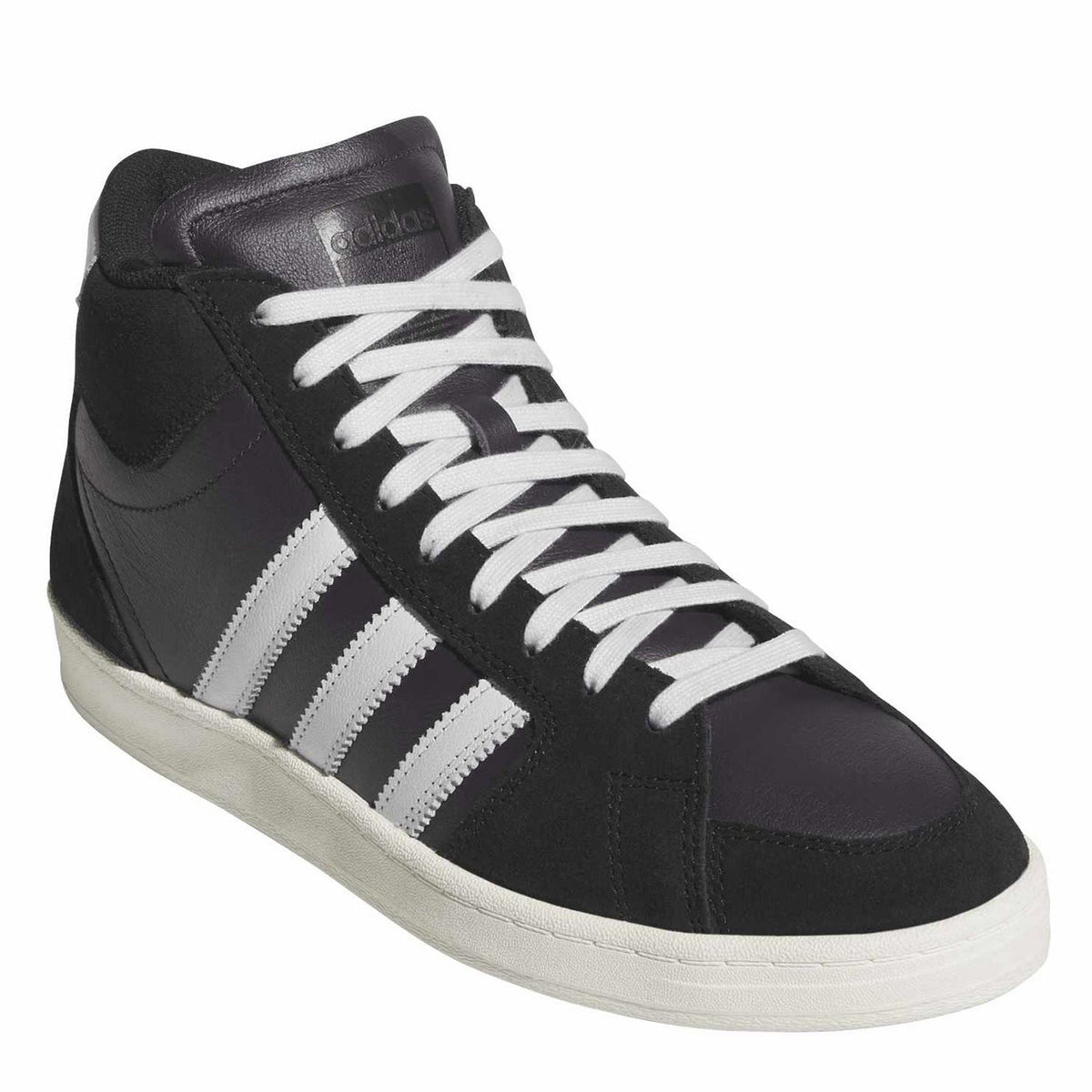Black adidas high-top trainers with white three stripes and patterned lace-up