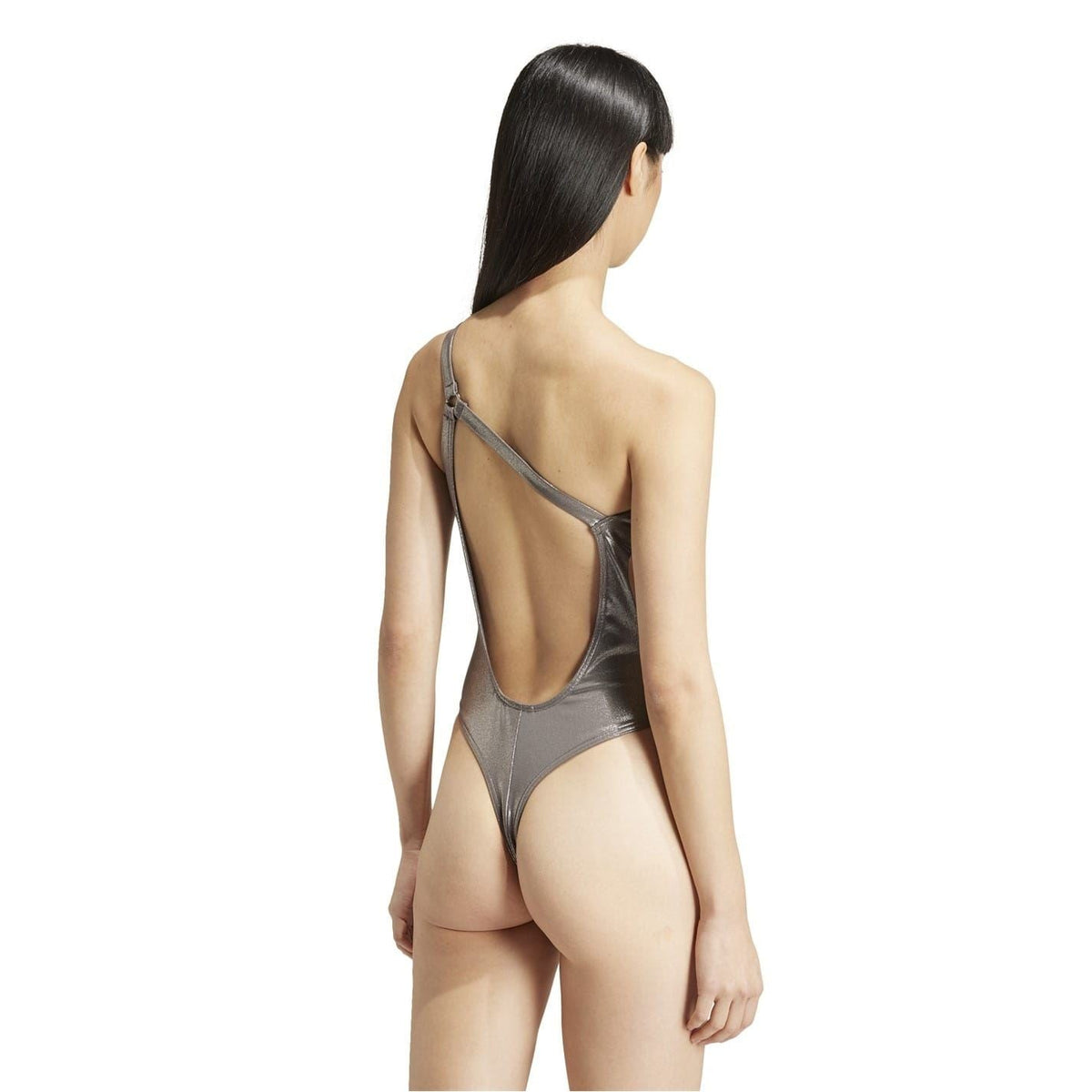 Charcoal metallic swimsuit with open back and thin cross straps