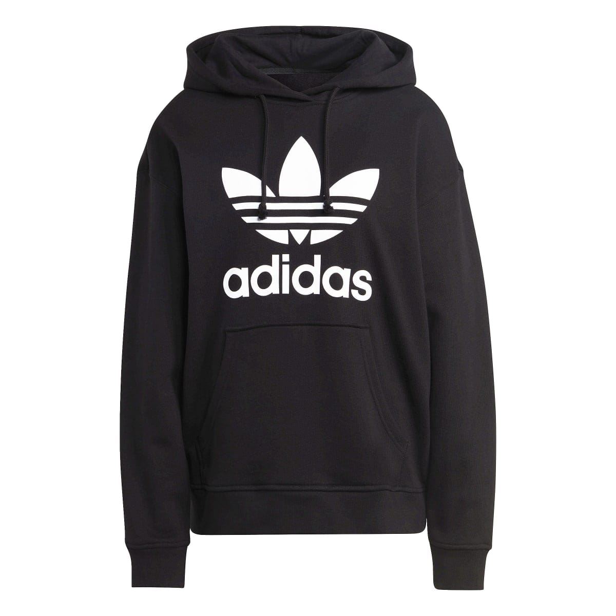 Black adidas Originals Trefoil pullover hoodie, full front view with drawstring hood