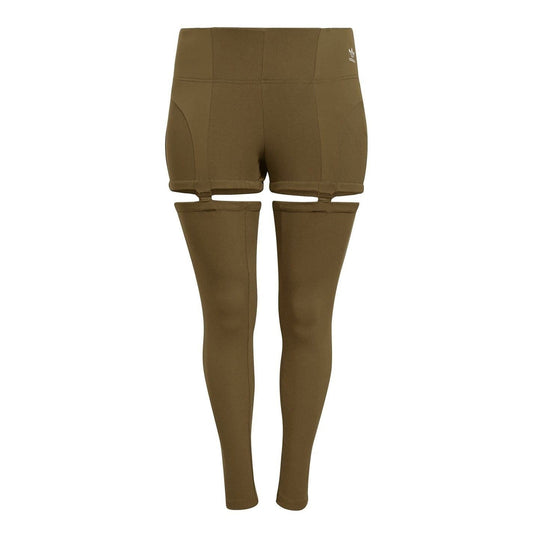 Olive ribbed skinny leggings with layered short hem and side cutout panels
