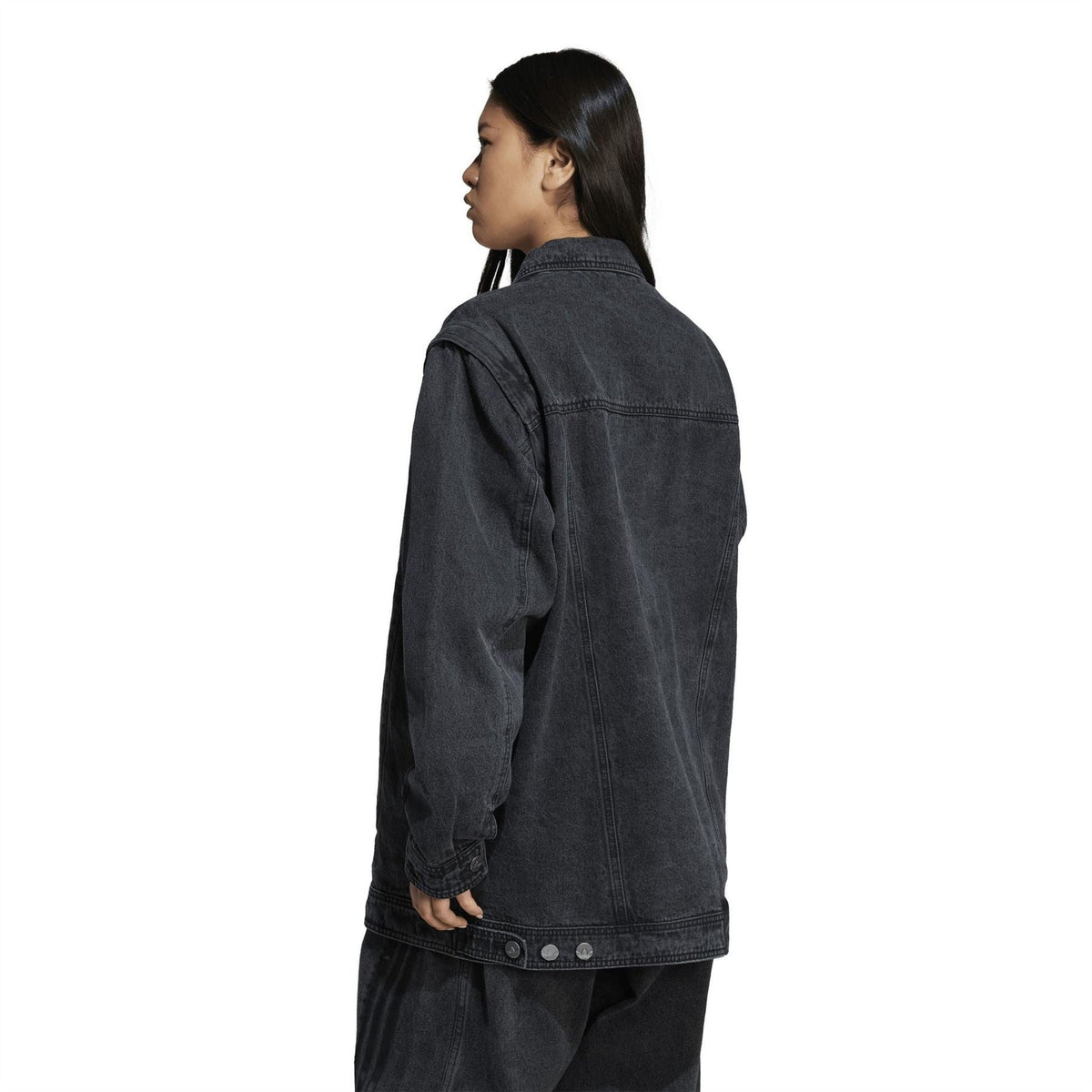 Black denim shirt jacket with back view, stand collar and button cuffs