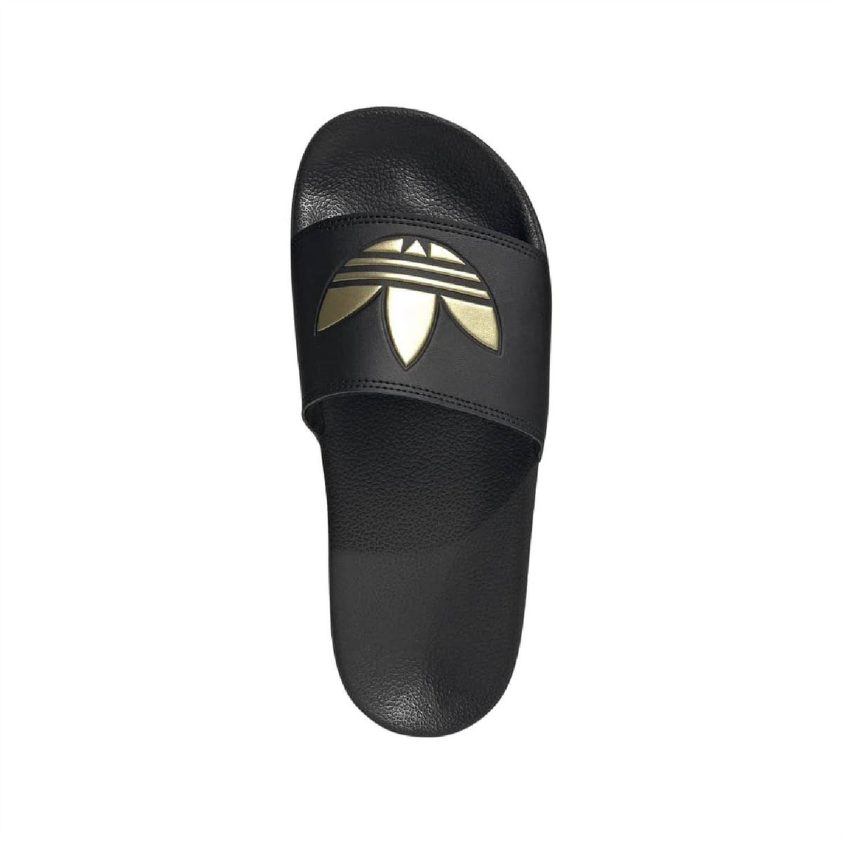 Black slide sandal single, front view with gold logo badge on upper