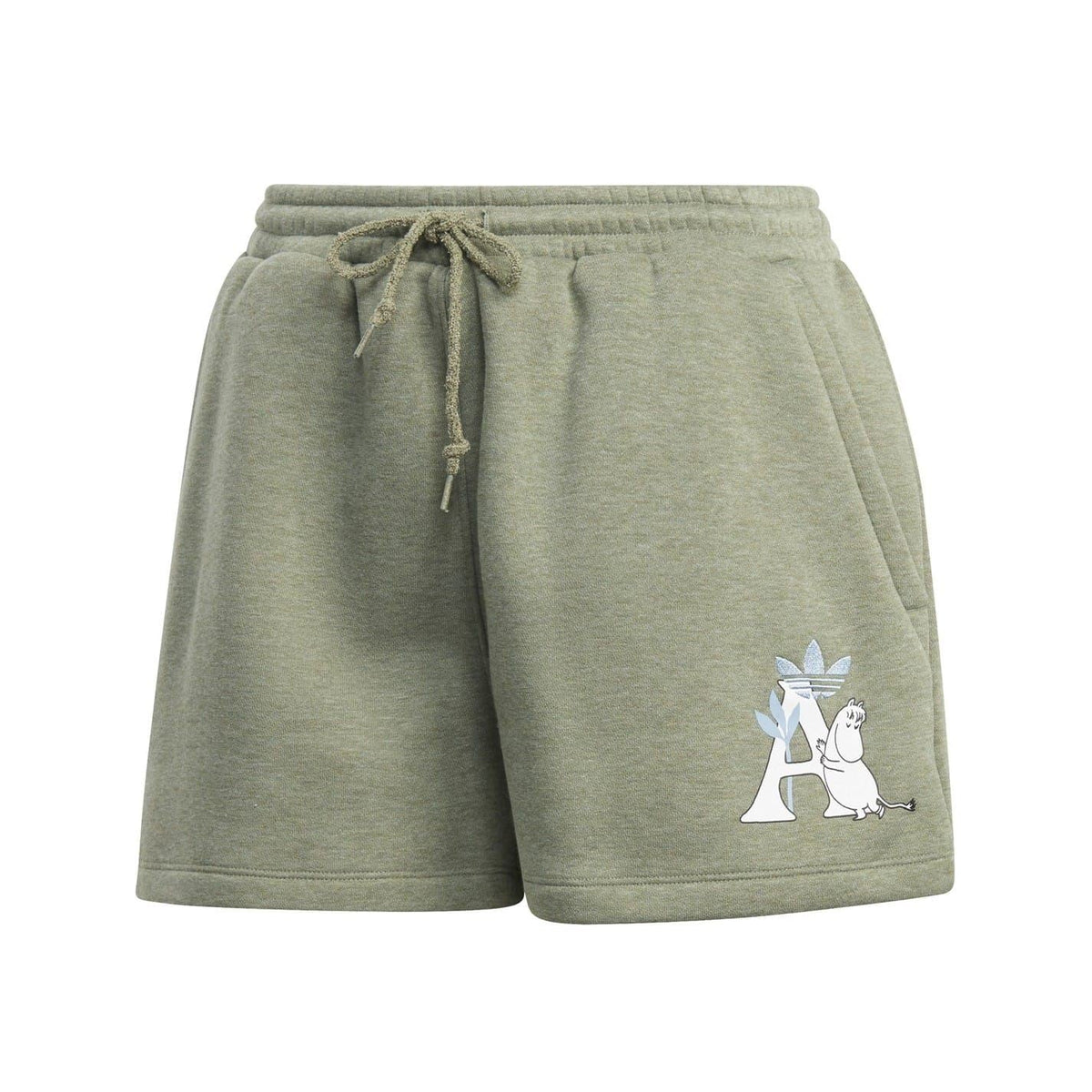 Green sweat shorts with drawstring waist and Moomin graphic on the front hem