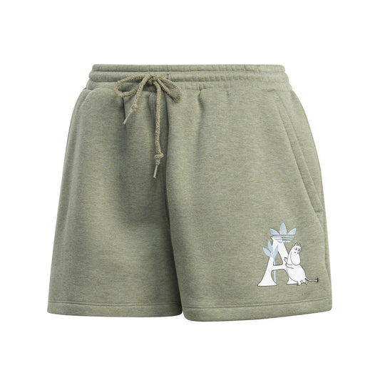 Green sweat shorts with drawstring waist and Moomin graphic on the front hem