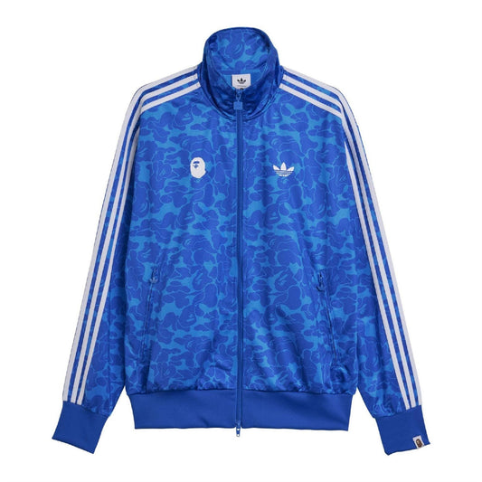 Blue patterned track top with full zip, high collar, and white side stripes