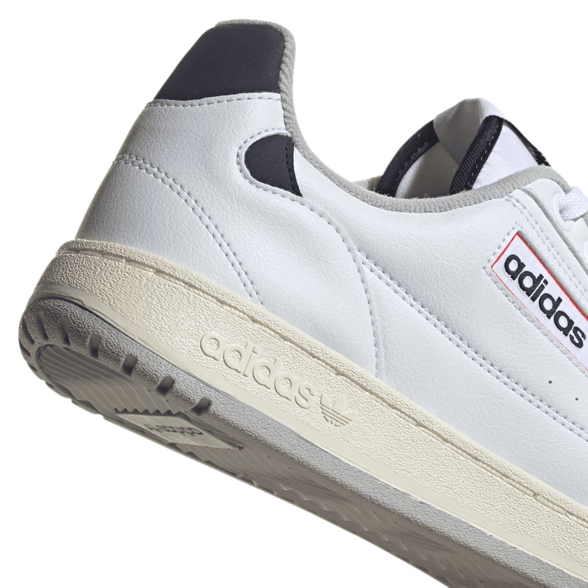 White adidas NY 90 trainers with off-white midsole and contrast heel lining.