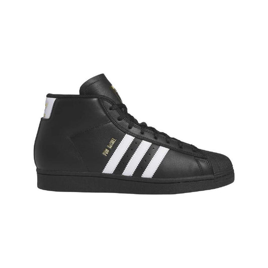 Black mid-top lace-up sneaker with three white stripe accents and rubber cupsole