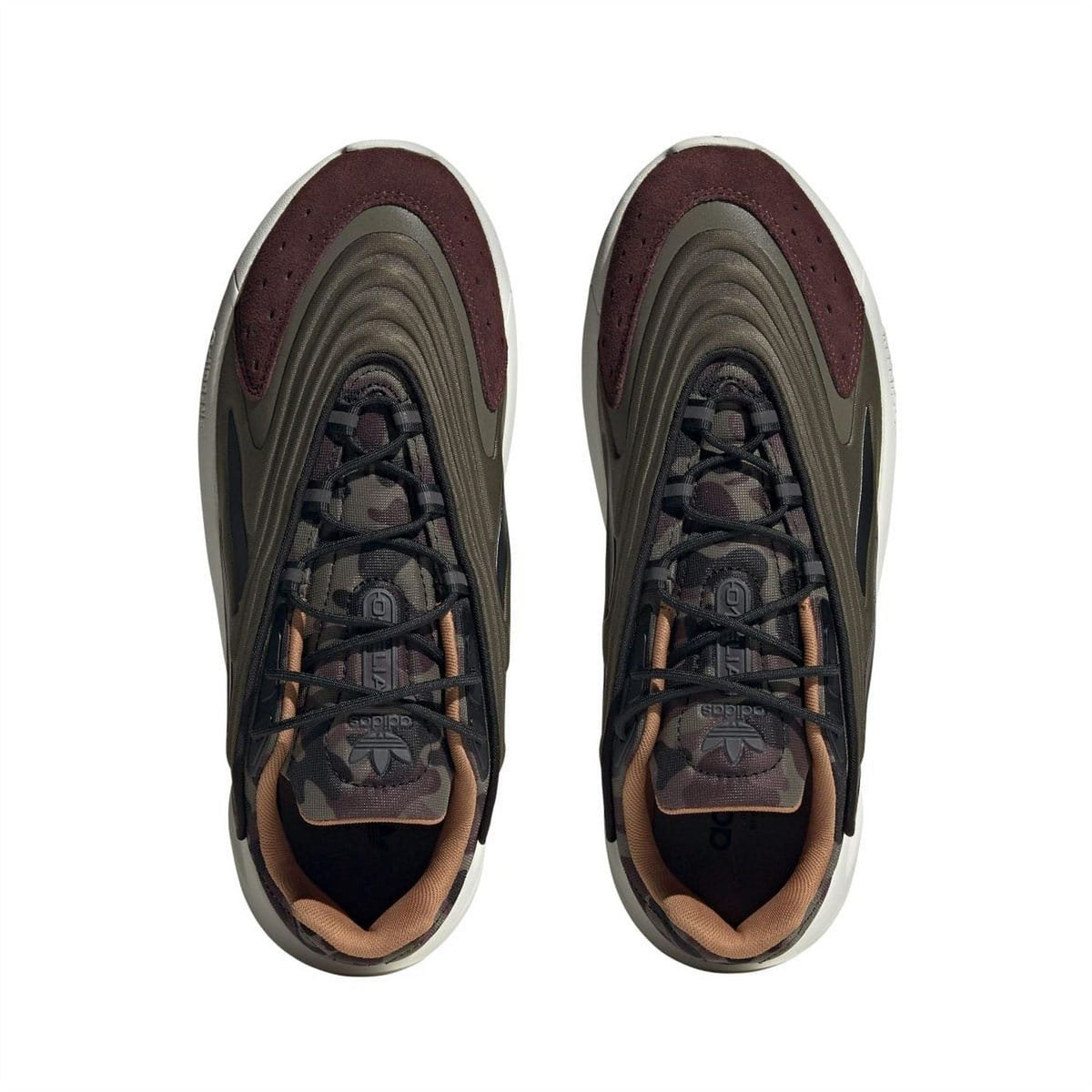 Pair of lace-up trainers with dark upper and burgundy heel, cushioned interior